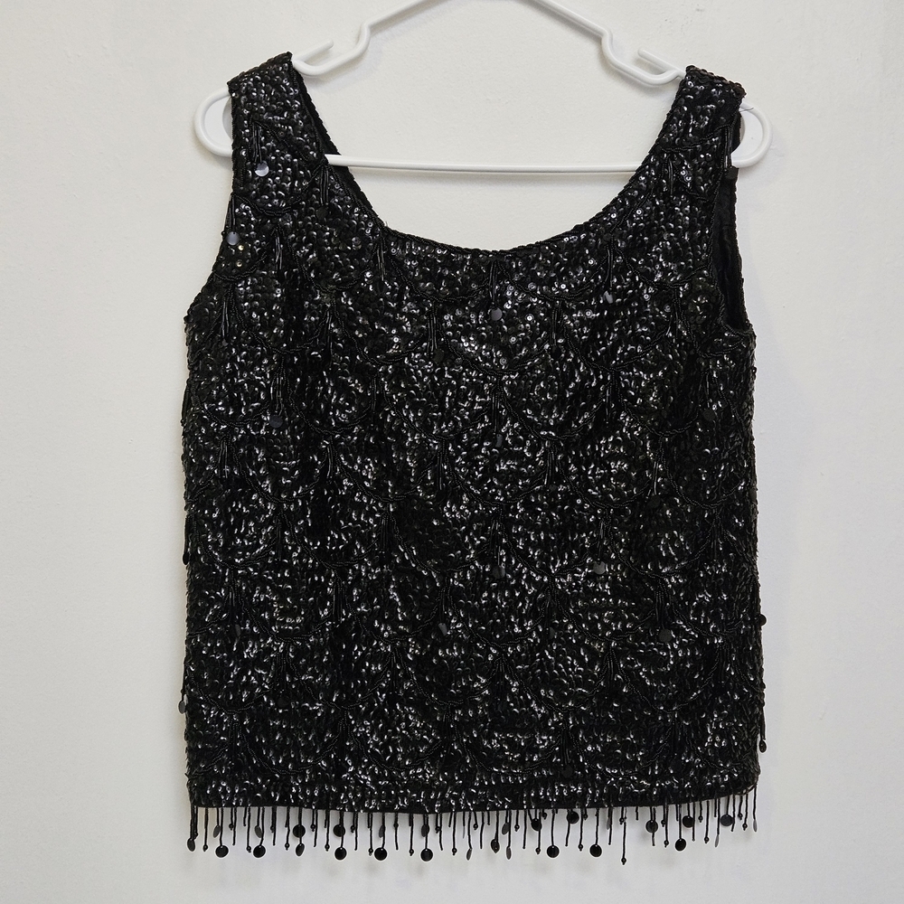 Vintage Sz Small Hand Beaded 100% Wool Boat Neck Whimsical Black Sequin Blouse